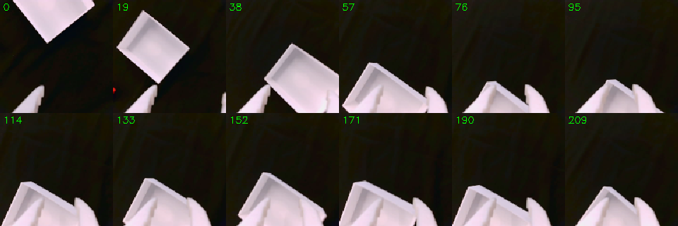 Twelve wrist-camera frames: the bin is in view, the cube only briefly at the left edge, and the gripper ends closed on the bin's wall.