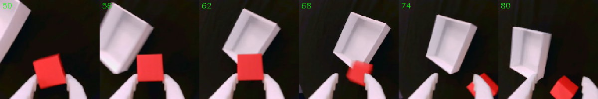 Six wrist-camera frames from steps 50 to 80: the gripper holds the red cube near the bin, the cube slips out, and it lands beside the bin.