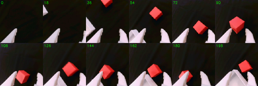 Twelve wrist-camera frames: the red cube moves across the view as one jaw pushes it.