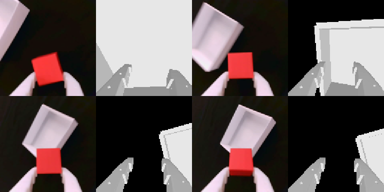 Four pairs of wrist-camera images at identical joint angles, real next to simulated. The white bin appears in different places in the real and simulated views.